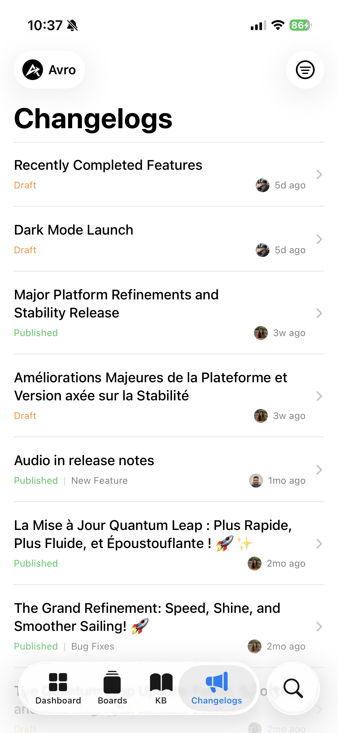 FeatureOS iOS changelogs — published, scheduled, and draft