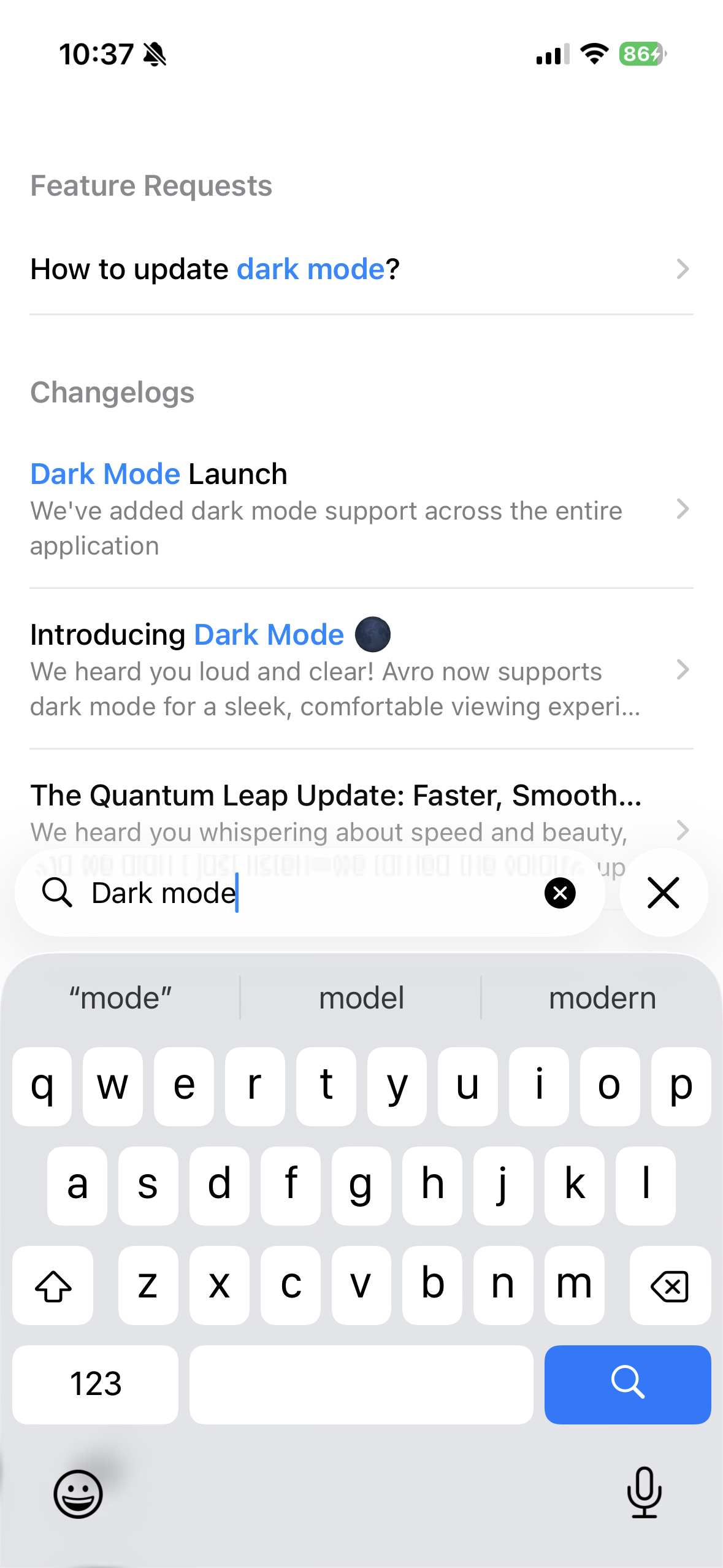 FeatureOS iOS search across feature requests and changelogs
